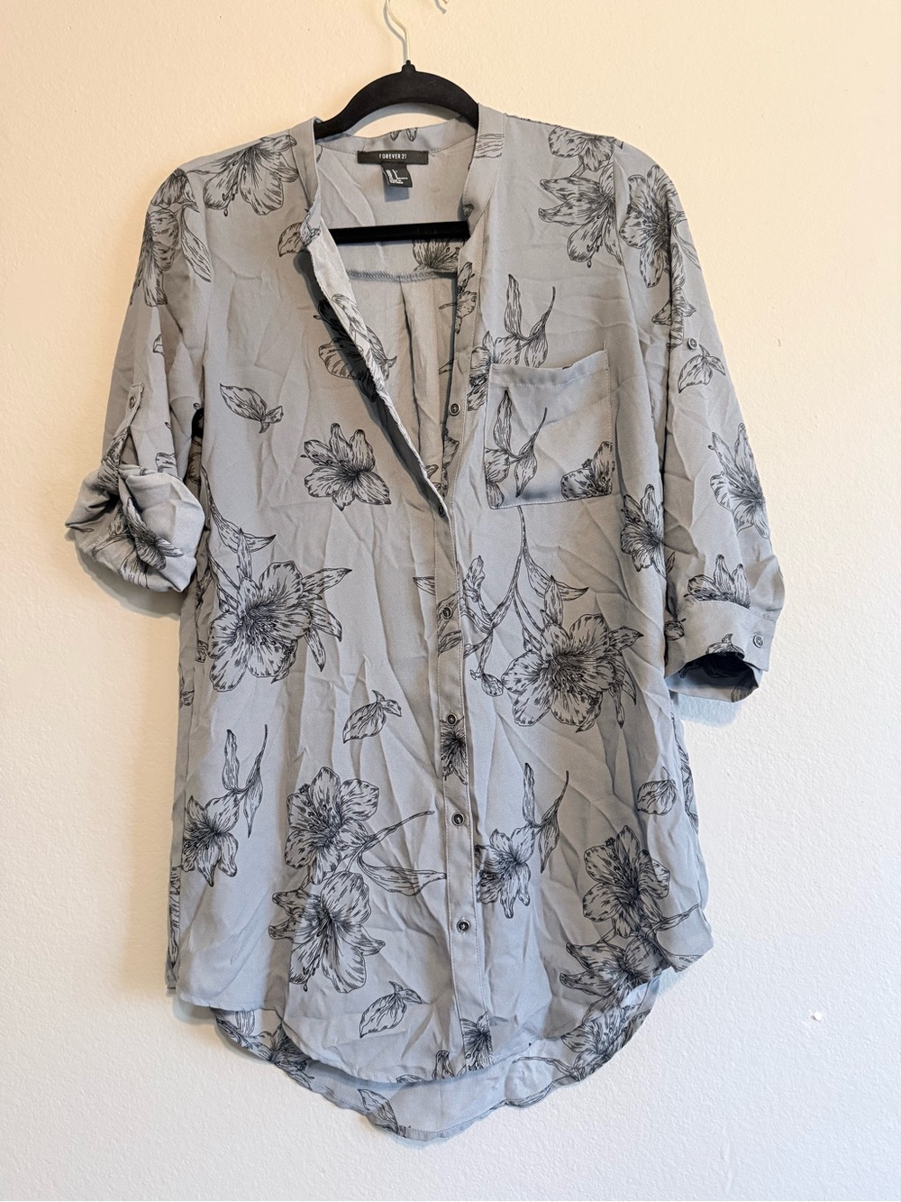 Light Gray Floral Button-Up Tunic Shirt